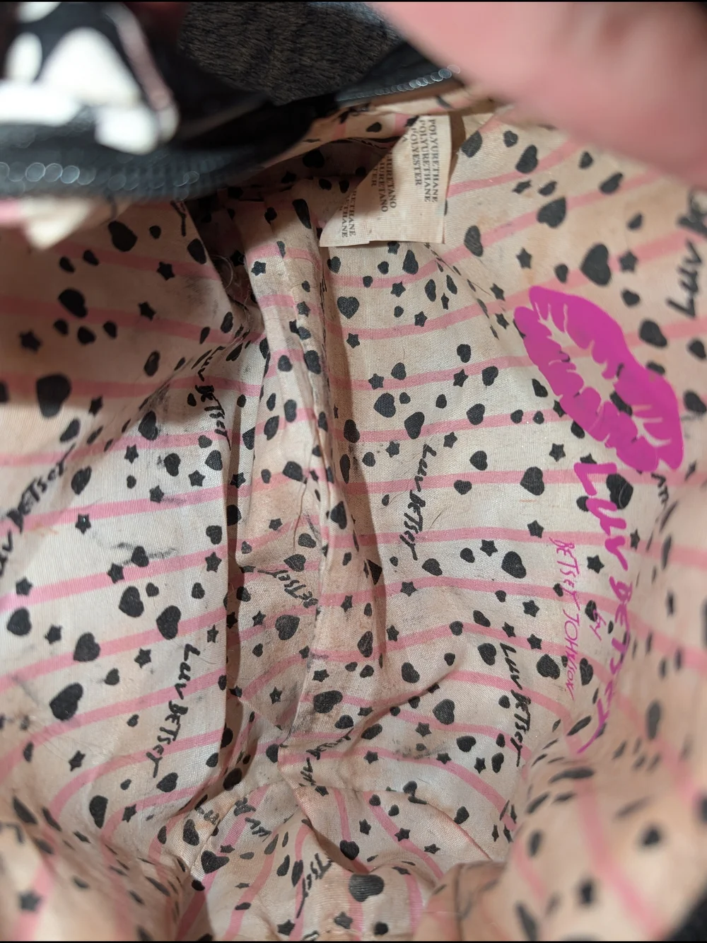 Betsey Johnson Black Cosmetic Bag with Pink and Cream Heart Luv Print